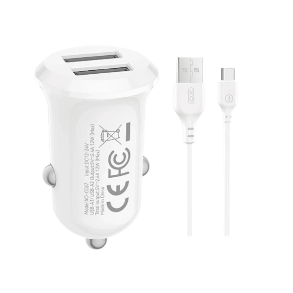 XO CC67 12W Dual USB Car Charger with USB-C Cable